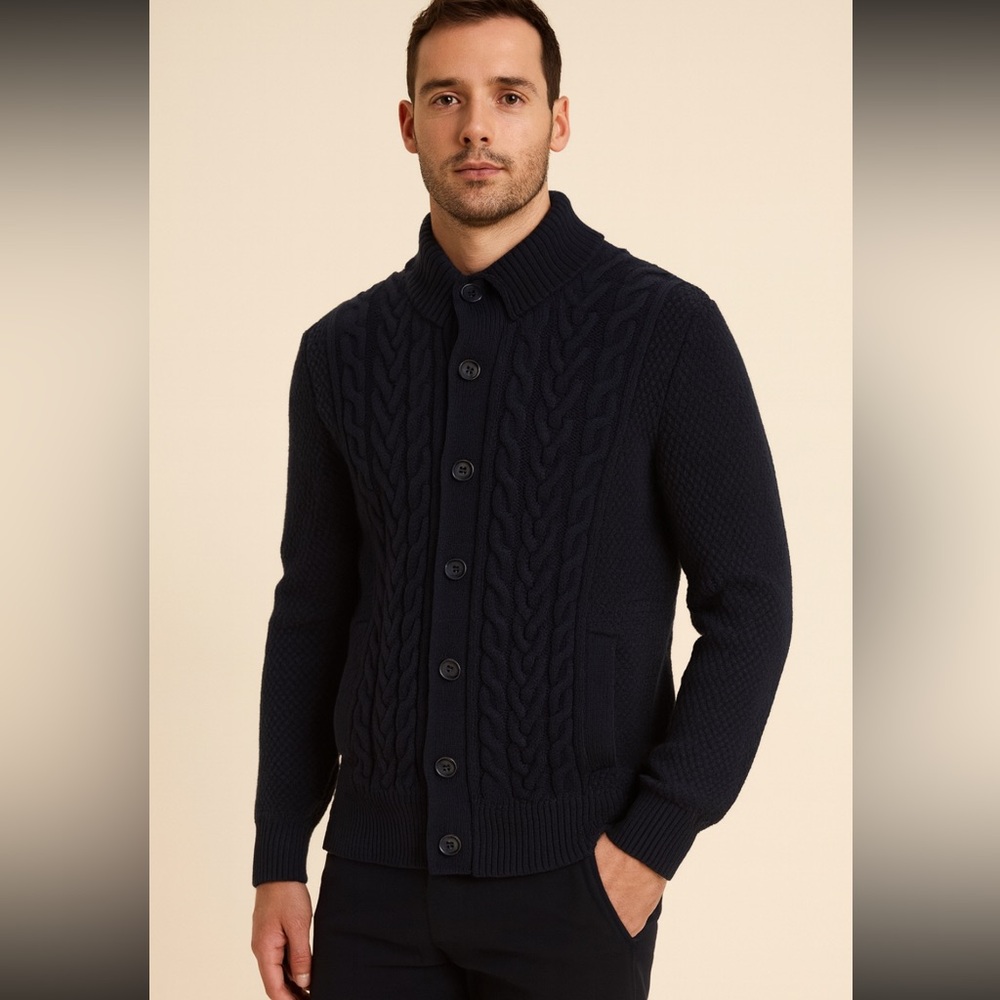 Banana Republic Cardigan Sweater Men Medium Navy Blue Cable Knit Pockets Preppy